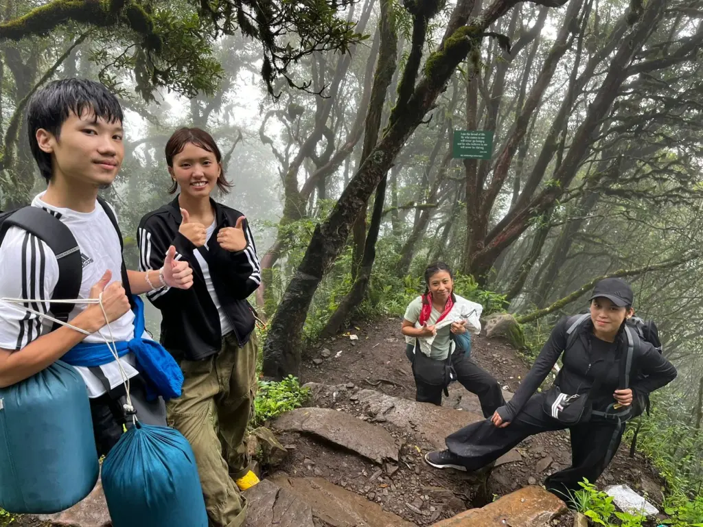 Group of trekkers on a misty forest trail during the Dzukou Valley trek